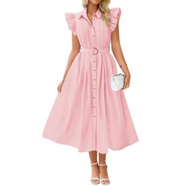 Imagem de Vestido midi ZESICA 2025, verão, boho, botão, decote em V, rosa, femin