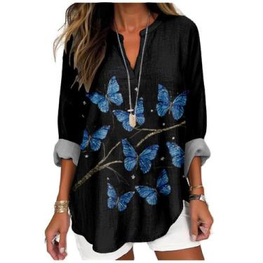 Imagem de Blusa MARSVOVO azul com estampa borboleta com decote em V, manga compr