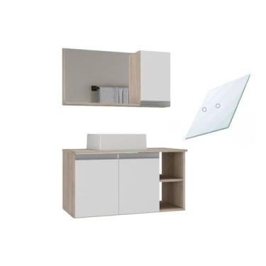 Imagem de Conjunto Gabinete Banheiro Virtus 80cm TAMPO VIDRO (gabinete + cuba + espelheira+ tampo vidro)(Madeirado/Branco)