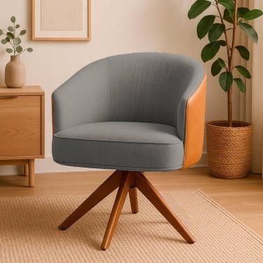 Imagem de Poltrona Giratória Linho Premium Base Madeira Maciça Juliana Cinza / Marrom / Cinamomo