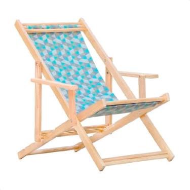 Imagem de Espreguiçadeira Reclinável Com Braço em Madeira Maciça Natural – Para Jardim, Varanda e Área Externa, Tecido Removível (Triângulo Azul)