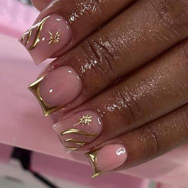 Imagem de Pregos postiços quadrados curtos de ouro francês com design de estrela dourada 3D, cobertura completa, cola em bastão falso artificial, unhas de acrílico para mulheres, casamento, 24 peças