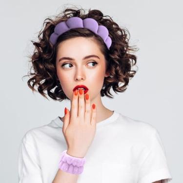 Imagem de Conjunto de pulseiras de spa para lavar o rosto, esponja, maquiagem, toalhas, faixa de cabelo macia (roxo claro, 3 peças)