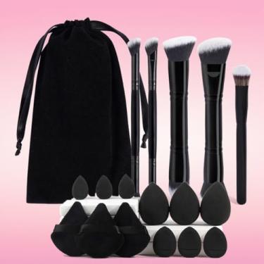 Imagem de Conjunto de pincéis de maquiagem de 18 peças, 5 pincéis de maquiagem profissionais, 12 puffs e uma bolsa de flanela confortável (preto)
