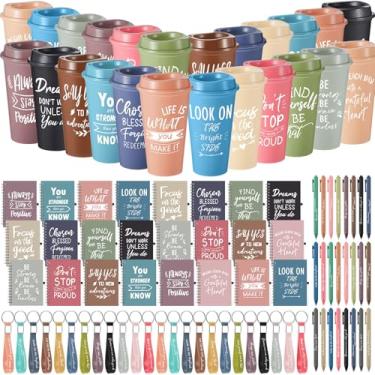 Imagem de Skylety 24 conjuntos/96 peças presentes inspiradores de Natal para funcionários copos de plástico 473 ml mini cadernos espirais canetas esferográficas chaveiros presentes motivacionais a granel para