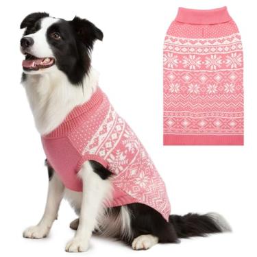 Imagem de ABFEKIEA Suéter para cachorro de Natal, roupas quentes de inverno para cães pequenos, médios e grandes, fofo padrão de floco de neve rosa com gola rolê, suéter de tricô para festas de fim de ano, uso