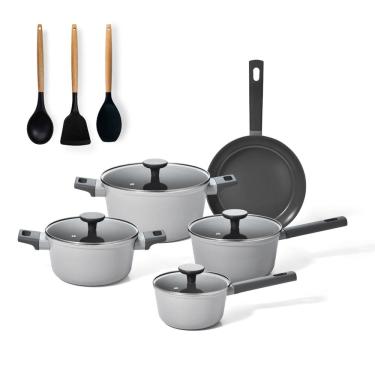 Imagem de jogo com 5 panelas antiaderentes de ceramica indução cinza mou trufa e 3 utensílios de silicone - oi