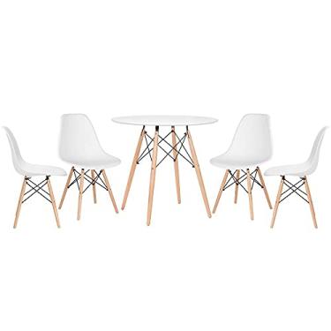 Imagem de Loft7, Kit Mesa Redonda Eames 80 cm Branco + 4 Cadeiras Eames DSW, Polipropileno, Aço e Madeira, Escritório, Sala de Estar e Sala de Jantar - Branco