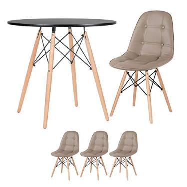 Imagem de Loft7, Kit - Mesa redonda Eames 80 cm preto + 3 cadeiras estofadas Eiffel Botonê Nude