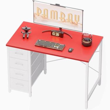 Imagem de Pamray Mesa de computador de 81 cm com 4 gavetas, pequena mesa de escritório para casa, quarto, estudo, escrita, simples, moderna, mesa de computador, vermelha