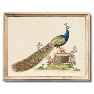 Imagem de RETRART Arte de parede de pavão elegante com flores cor-de-rosa, decoração de pavão 20 x 25 cm, impressão em tela sem moldura, pintura de animal vibrante com estampa de pássaro antigo para sala de