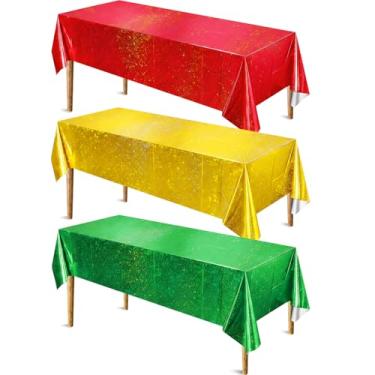 Imagem de Tegeme 3 toalhas de mesa de plástico de Natal 137 x 274 cm, vermelho, verde e dourado, capas de mesa a laser holográficas, brilhantes e descartáveis, retangulares, para decoração de festa de