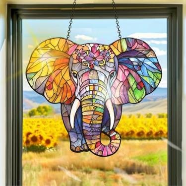 Imagem de Apanhador de sol de acrílico colorido, decoração de janela suspensa de elefante, arte de parede de arco-íris, para quarto, varanda, interior e exterior, jardim, enfeites de Natal, decoração 19 x 19 cm