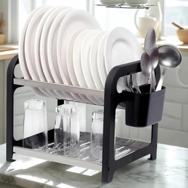 Imagem de Escorredor de Louça 12 Pratos Preto em aço Inox com Porta Talher Organ