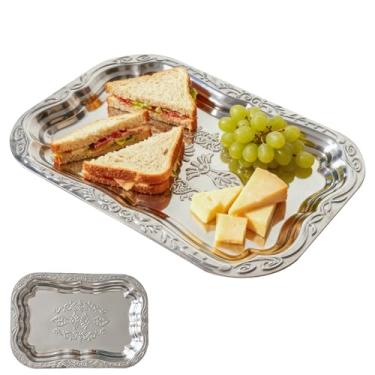 Imagem de Bandeja espelhada de aço inoxidável – Bandeja decorativa gravada em prata com padrão floral, ideal para sobremesas de festa, lanches, bebidas e exibição de mesa de férias