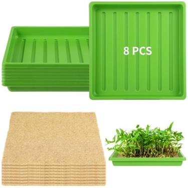 Imagem de Conjunto de tapetes de cultivo de juta com 16 peças, 8 tapetes de juta de alta absorção 25 x 25 com bandejas reutilizáveis, kit de cultivo orgânico para microgreens hidropônicos