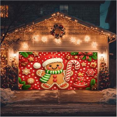 Imagem de HOMETITUTE Banner de porta de Natal 4 x 1,8 m homem de gengibre festivo vermelho branco bengala doce fundo de bolinhas decoração de varanda de férias inverno sazonal feliz natal capa de porta da