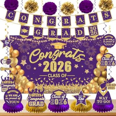 Imagem de Decorações de formatura roxo e dourado Pacote de decoração de festa de graduação classe de 2025: faixa de parabéns graduada e pano de fundo de graduação centros de mesa de pós-graduação redemoinhos
