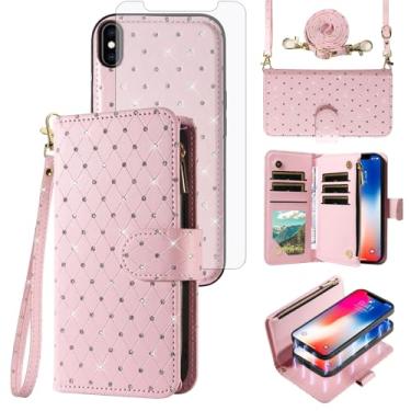 Imagem de Compatível com iPhone Xs X 10 10s capa carteira com zíper destacável protetor de tela celular alça brilhante flip porta-cartões capa de telefone para iPhone X, iPhone Xs, iPhone10 i, PhoneX, mulheres