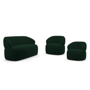 Imagem de Kit 02 Poltronas Giratória E 01 Sofá Orgânico Glee 03 Lugares 170cm Veludo Verde Escuro - Abmaza