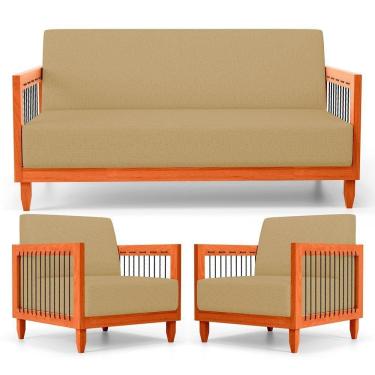 Imagem de Kit 02 Poltronas E 01 Sofá Samoa Madeira Maciça Com Cordas Náutica Linho Dourado - Abmaza