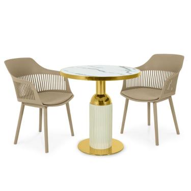 Imagem de Conjunto Mesa De Jantar Redonda Imperial 70cm Branca Com 2 Cadeiras Estofadas Marcela - Nude Escuro
