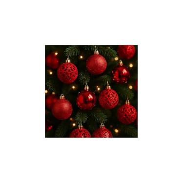 Imagem de Kit Bolas Natalinas para Decoração de Árvores, 24 Unidades, Vermelho, Plástico, 6cm de Diâmetro, com Glitter e Efeito Espelhado