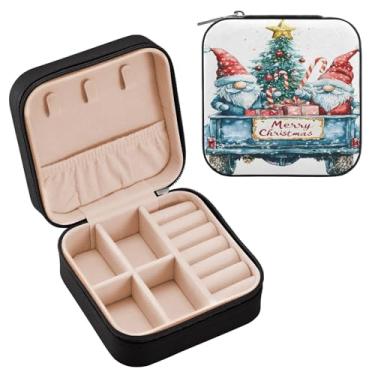 Imagem de Wassud Estojo de joias de viagem de Natal com gnomos em aquarela para mulheres, meninas, senhoras, noiva, mini organizador de joias de couro PU, caixa quadrada de armazenamento de joias para brincos