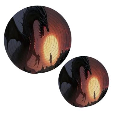 Imagem de Wassud Conjunto grande de trivet de dragão de fogo preto para pratos quentes, suportes redondos de algodão, almofadas quentes, porta-copos elegantes, decoração de cozinha e acessórios, 2 peças