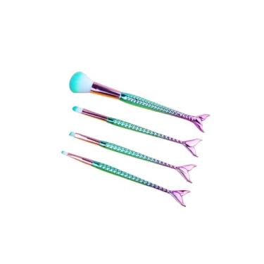 Imagem de Kit de Pincéis Sereia com 4 Peças, Design de Cauda de Sereia, Cerdas Macias, Acabamento Metálico Colorido, Maquiagem Profissional