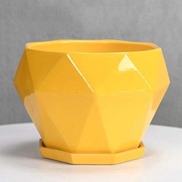 Imagem de uhyOHF Vaso de flores de cerâmica diamante poligonal para escritório doméstico com bandeja de cerâmica, vasos de plantas suculentas, cacto, vasos de flores, recipiente para casa, escritório, Ba