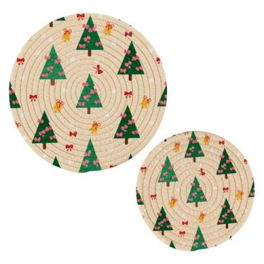 Imagem de Wassud Conjunto de trivet de árvore de Natal de desenho animado para pratos quentes, suportes redondos de algodão, almofadas quentes, porta-copos elegantes, decoração de cozinha e acessórios, 2 peças