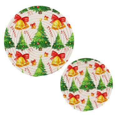 Imagem de Wassud Conjunto de trivet de árvore de Natal e sinos para pratos quentes, suportes de panela redondos, almofadas quentes de algodão, porta-copos elegantes, decoração de cozinha e acessórios, 2 peças