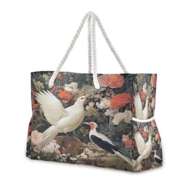 Imagem de Wassud Bolsa de praia grande para mulheres, pássaros brancos e flores, impermeável, à prova de areia, bolsa de viagem com zíper e bolso para piscina, academia, acampamento