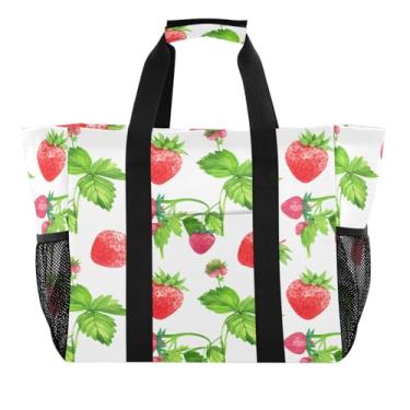 Imagem de Wassud Bolsa de compras reutilizável de morangos e folhas, bolsa grande, impermeável, organizadora de lona para praia, piquenique, lavanderia, viagem
