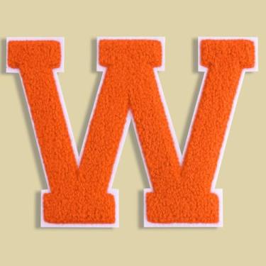 Imagem de QianSiLi Adesivos de letras universitárias de chenille laranja de 11 cm, letras grandes para jaquetas Letterman, moletons com capuz, mochilas, coletes, roupas, adesivos individuais de letra W