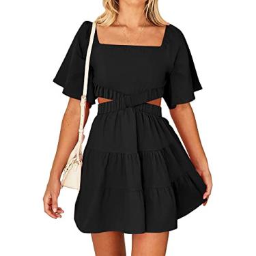 Imagem de BTFBM Vestidos femininos de verão 2023 gola quadrada manga curta recorte cruzado cintura casual festa em camadas mini vestido evasê, Preto liso, P