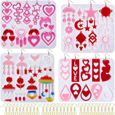 Imagem de Pacote com 4 moldes de resina para o Dia dos Namorados, molde de brinco de resina de silicone para coração e amor, molde de epóxi, moldes de silicone, kit de fabricação de brincos com 200 ganchos para