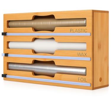 Imagem de Organizador 3 em 1 com cortador e etiquetas, filme plástico, folha de alumínio e dispensador de bambu de cera para armazenamento de cozinha, suporte de organização para rolo de 30 cm (natural)