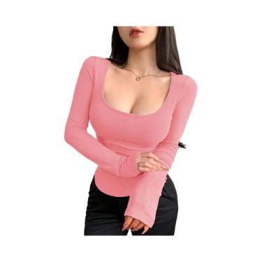 Imagem de Camiseta Feminina De Manga Longa Cropped Com Decote Quadrado Ajustada 