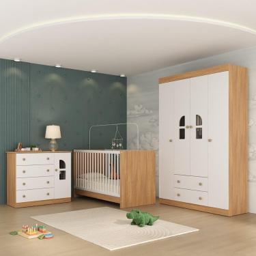 Imagem de Quarto De Bebê Completo Berço 3 Em 1 Para Colchão 130x60cm Amora Multimóveis MP4549 Madeirado-branco