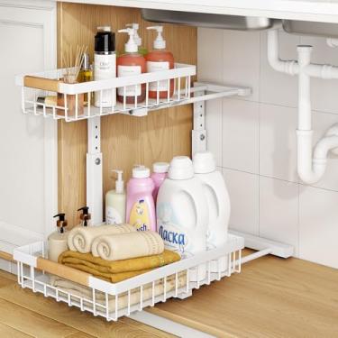Imagem de (Versão pequena) 1 pacote organizador sob a pia, altura ajustável, organizador de 2 camadas para puxar embaixo do armário, armazenamento deslizante de metal espesso sob a pia para cozinha, banheiro