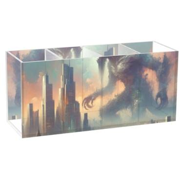 Imagem de TSENQUE Porta-canetas de mesa de acrílico com estampa de monstro de cidade personalizado, organizador de artigos de papelaria, organizador de copos e escritório para decoração de mesa