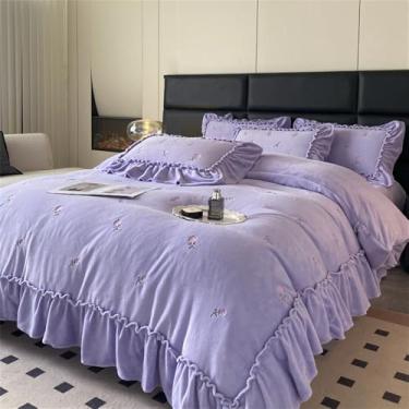Imagem de Conjunto de cama vintage leve, capa de edredom em veludo macio cor leite com bordado de rosas, lençol de lã coral para o inverno, roxo, tamanho queen (200x230cm), 4 peças