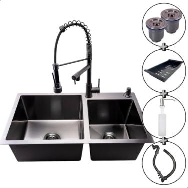 Imagem de Cuba Gourmet Dupla Preta SOFTINOX 78x43cm com Torneira Monocomando - Kit de Pia de Cozinha em Aço Inoxidável Premium com Torneira Gourmet e Acessórios