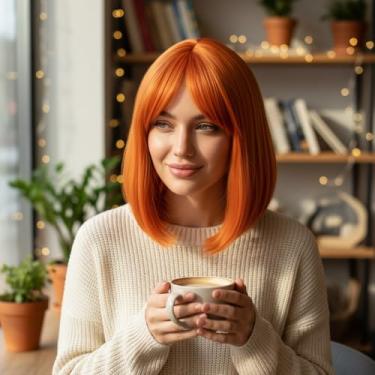 Imagem de Peruca feminina bob laranja com franja curta, reta de 33 cm, estilo bob de cor natural para uso diário, festa e fantasia (laranja)