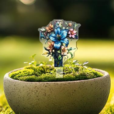 Imagem de Estacas decorativas de jardim com cruz floral, decorações de plantas em vaso de acrílico. Ideia de presente para Natal, aniversário, aniversário, dia dos namorados, celebrações.