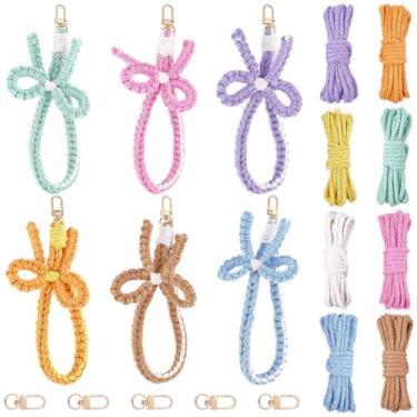 Imagem de SUNNYCLUE 6 conjuntos DIY kit de fabricação de berloques de telefone alça de pulso tutoriais de vídeo macramê chaveiro pulseira fio de algodão fechos giratórios pulseira chaveiro suporte boho macramê