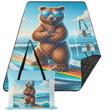 Imagem de TSENQUE Cobertor de praia à prova d'água com estampa de urso de surfe fofo tapete dobrável grande cobertor de piquenique para grama, 203 x 152 cm