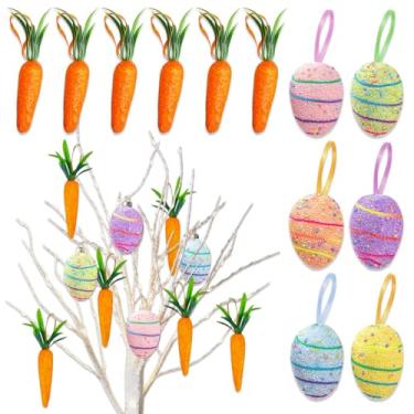 Imagem de 12 peças de enfeites de pendurar ovo de páscoa cenoura de espuma colorida glitter artesanato artificial decoração de árvore mesa centro de mesa suprimentos para festas de fim de ano